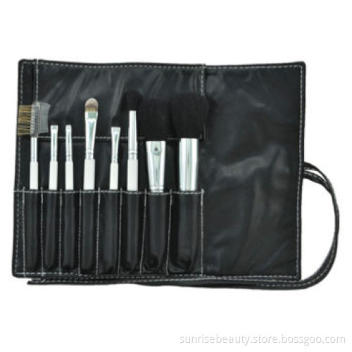 8-piece Professional White Wooden Handle Mini Travel Makeup Brush Kit with Black PU Case